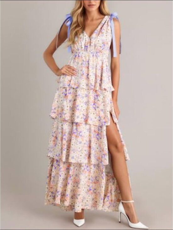 Dresses & Skirts - Women's Floral Maxi Dress Pink Tiered Ruffle Sleeveless V Neck Beach Romantic